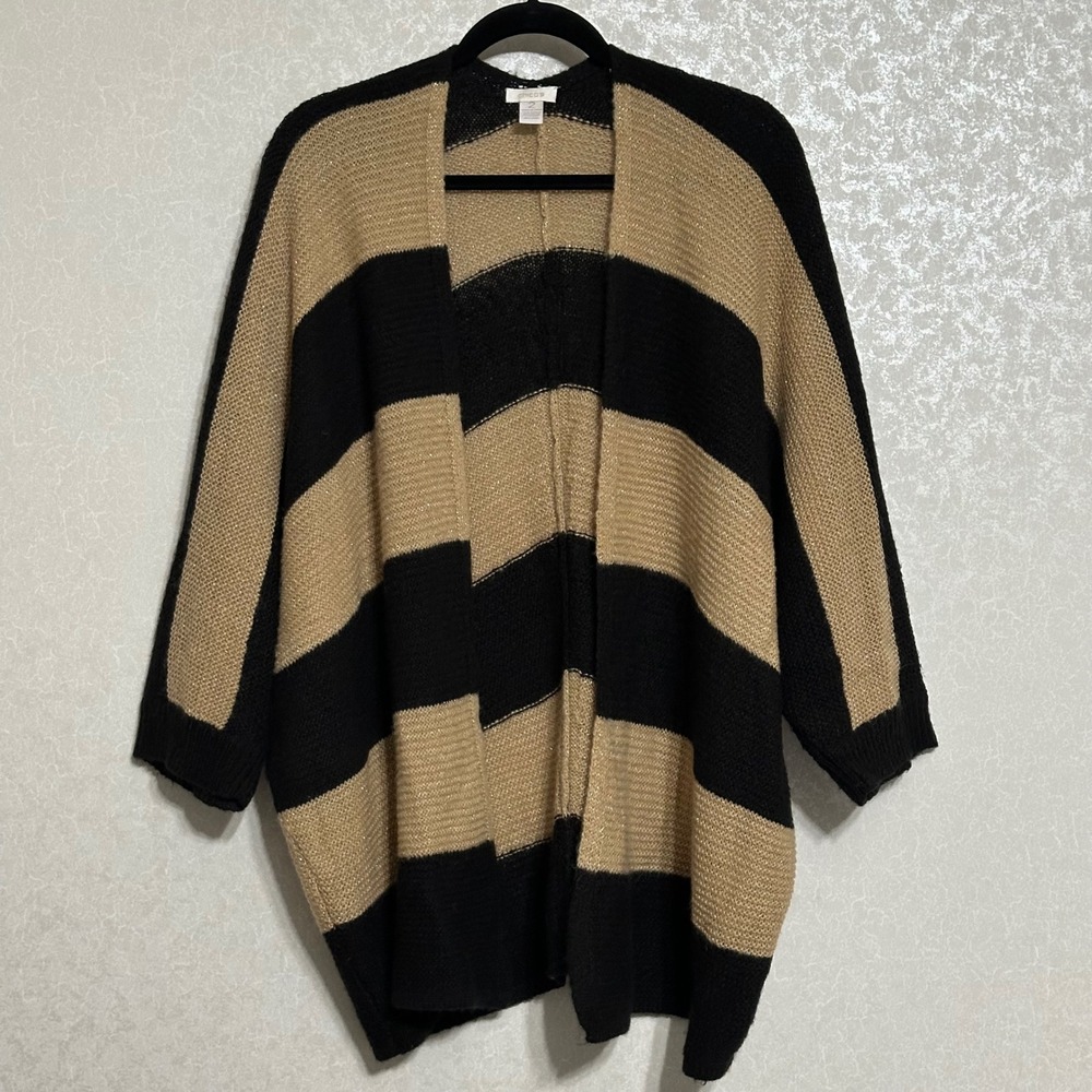 Chico's Striped Open Cardigan Sweater Metallic Mohair Blend Knit Black Gold 2 L